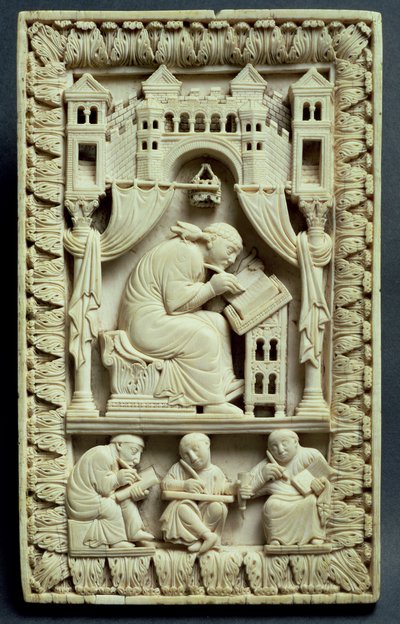 Der heilige Gregor schreibt mit Schreiber darunter, franko-deutsche Schule, c.850-875 von Carolingian School