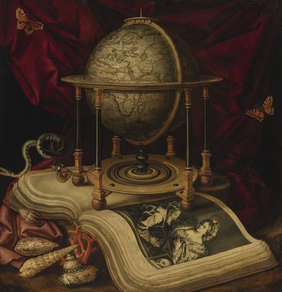 Vanitas Stillleben mit einem Erdglobus, einem Buch, Muscheln, einer Schlange und Schmetterlingen von Carstian Luyckx