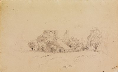 Klosterruinen Eldena sowie ein Haus mit Strohdach und ein kleines Gewässer von Caspar David Friedrich