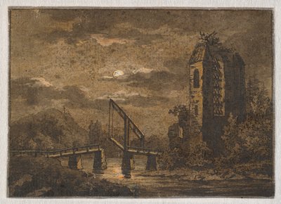 Landschaft mit Klappbrücke und Ruine im Mondschein von Caspar David Friedrich