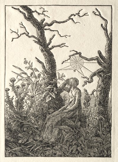 Die Frau mit dem Spinnennetz zwischen kahlen Bäumen von Caspar David Friedrich