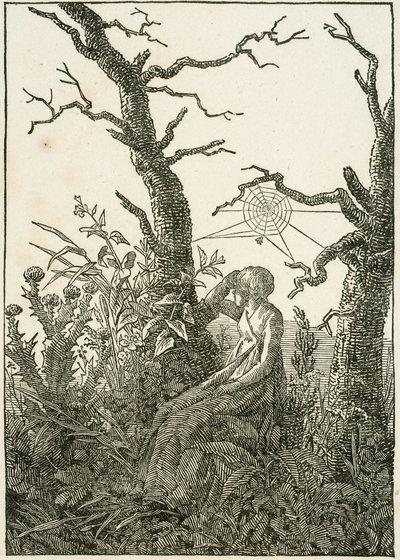 Frau mit Spinnennetz zwischen kahlen Bäumen von Caspar David Friedrich