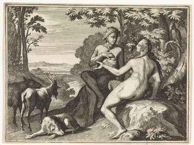 Adam und Eva umgeben von Tieren im Paradies von Caspar Luyken