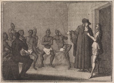 Ein Anwalt bringt seinen Diener in ein Zimmer mit Teufeln von Caspar Luyken