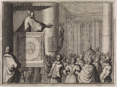 Der Teufel spricht von einer Kanzel zu einer Menschenmenge von Caspar Luyken
