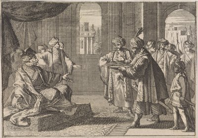 Guei-tschun, erster Minister unter Kaiser Chongzhen, wird ein Seidentuch gebracht, um sich zu erhängen, 1643 von Caspar Luyken