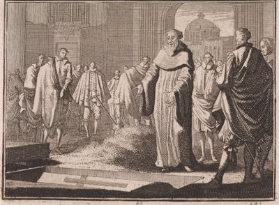 Der heilige Bernhard betrachtet ein geöffnetes Grab von Caspar Luyken
