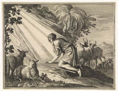 Mose kniet vor dem brennenden Dornbusch von Caspar Luyken