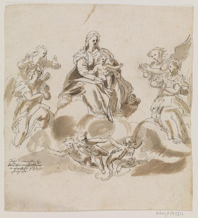 Jungfrau Maria mit Kind im Himmel, umgeben von Engeln und Putti von Caspar Menneler