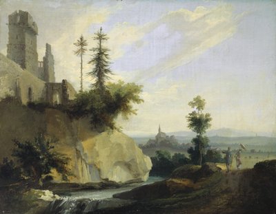 Landschaftskomposition mit der Ruine einer Burg, ca. 1774-77 von Caspar Wolf