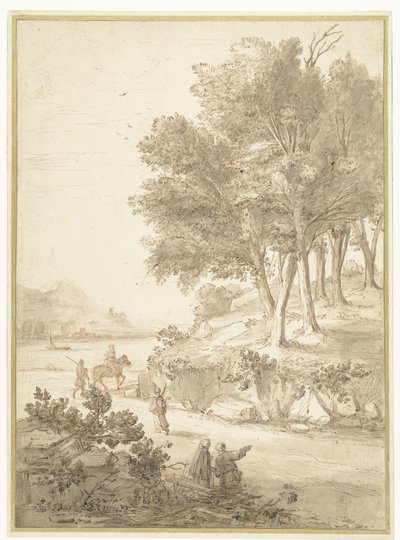 Italienische Landschaft mit Figuren entlang einer Straße und einem Fluss im Hintergrund von Caspar van Wittel