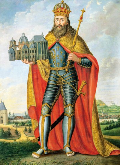 Porträt von Karl dem Großen (742 - Aachen, 814), König der Franken und Langobarden und Kaiser des Heiligen Römischen Reiches, stehend mit Modell der Pfalzkapelle, Gemälde von Scheuren von Casper Johann Nepomuk Scheuren
