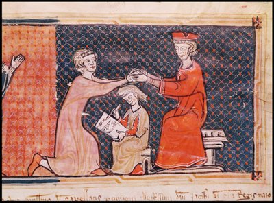 Der königliche Staatsanwalt, der Schreiber und der Feudalherr, aus Capbreu de Clayra et de Millas 1292 von Catalan School