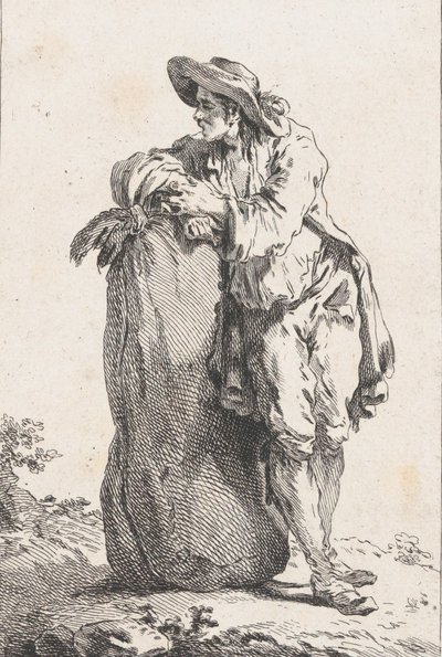 Bauer, der sich auf einen Sack Getreide lehnt von Catherine Francoise Beauvarlet
