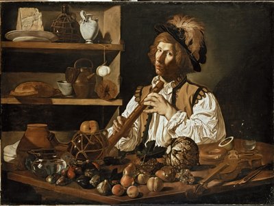 Interieur mit Stillleben und einem jungen Mann mit einer Flöte, 17. Jahrhundert von Cecco de Caravaggio