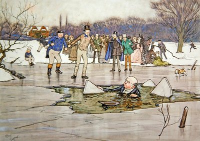Ein Gesicht, Kopf, Schultern tauchten unter dem Wasser auf und enthüllten die Züge und Brille von Mr. Pickwick von Cecil Charles Windsor Aldin