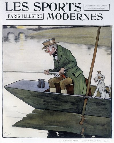 Angeln - Zeichnung von C. Aldin in „Moderne Sportarten“ von Cecil Charles Windsor Aldin