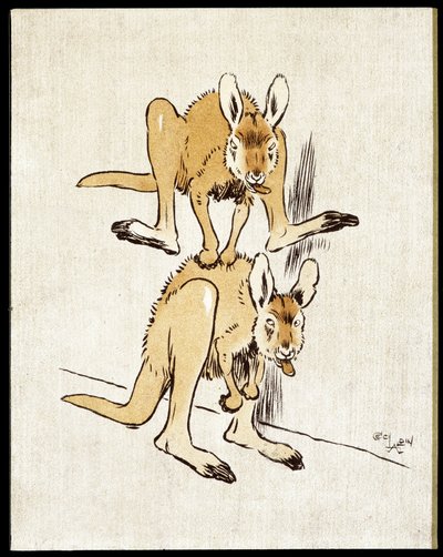 Komische Kängurus. Zwei Kängurus spielen Schafspringen. von Cecil Charles Windsor Aldin