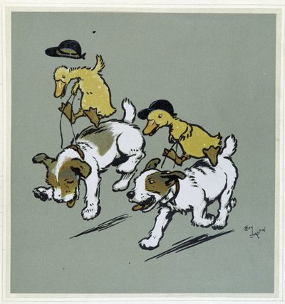 Ente reitet auf Hunden - in „Merry Party“, ill. von Cecil Aldin, ed. Hodder & Stoughton, London von Cecil Charles Windsor Aldin