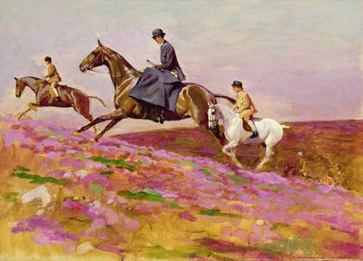 Lady Currie mit ihren Söhnen Bill und Hamish bei der Jagd auf Exmoor von Cecil Charles Windsor Aldin