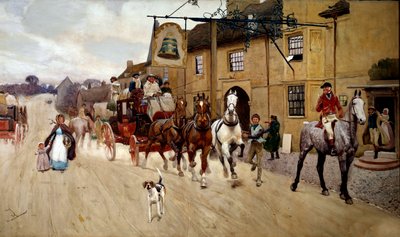 Halt der Kutsche vor dem Gasthaus zur Glocke in Stilton von Cecil Charles Windsor Aldin