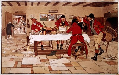 Die drei Tauben-Snack. Jäger kochen und essen schnell, bevor sie zur Jagd aufbrechen. Stich von Cecil Aldin (1870 -? ), England. Sammlung Deal von Cecil Charles Windsor Aldin