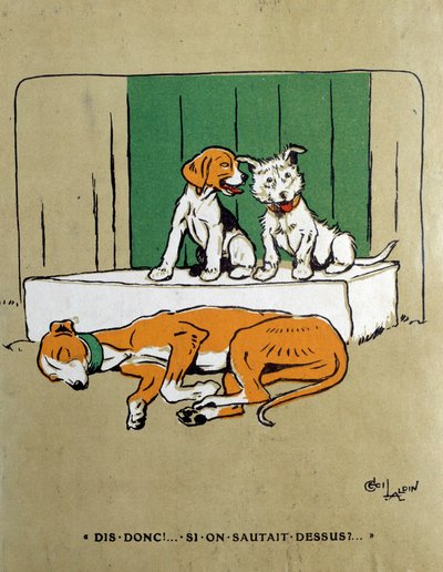 Warum springen wir nicht auf zwei Hunde, die zögern, eine schlafende Hefe zu wecken? Aquarell von Cecil Aldin von Cecil Charles Windsor Aldin