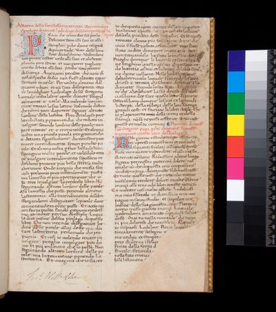 Ms 148. Gregor der Große, Dialogi in italienischer Übersetzung von Domenico Cavalca, f.1r Verzierte Buchstaben [P] und [D] in Rot mit Federarbeit in Blau von Central Italian School