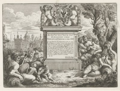 Widmung an und Wappen von Agostino Chigi und Ansicht von Rom von Cesare Fantetti