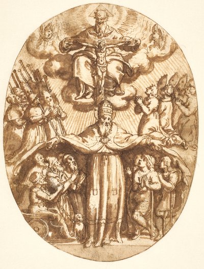 Die Dreifaltigkeit mit Mitgliedern einer Bruderschaft und einem Papst als Beschützer der Kranken. Ovale Komposition von Cesare Nebbia