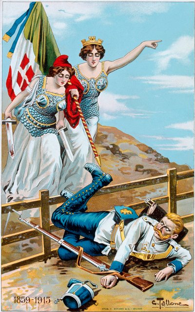 Erster Weltkrieg: Plakat, das eine Allegorie von Italien und Frankreich zeigt, die Deutschland über die Grenze jagen von Cesare Tallone