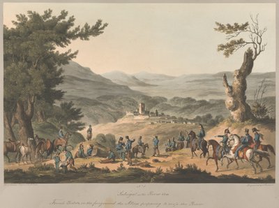 Nr. 5. Sabugal am Fluss Coa Französische Vorposten im Vordergrund die Alliierten bereiten sich darauf vor, den Fluss zu überqueren von Charles (after) Turner