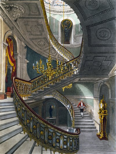 Treppe, Gravur von Richard Reeve nach einer Zeichnung von Charles Wild, aus The History of the Royal Residences von Charles (after) Wild