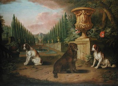 Drei Spaniels in einem formalen Garten, ca. 1730 von Charles (and Studio) Collins