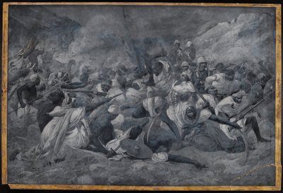Die Niederlage der ägyptischen Armee unter Hicks Pasha durch die Streitkräfte des Mahdi Muhummad Ahmad bei El Obeid, 5. November 1883 (Aquarell en grisaille) von Charles Auguste Loye