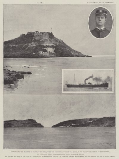 Eingang zum Hafen von Santiago de Cuba; mit der Merrimac, die an der engsten Stelle des Kanals versenkt wurde von Charles Auguste Loye