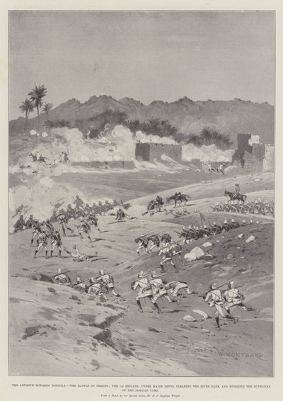 Der Vormarsch auf Dongola, die Schlacht von Ferket, die 1. Brigade unter Major Lewis räumt das Flussufer und stürmt die Außenwerke des Jahalin-Lagers von Charles Auguste Loye