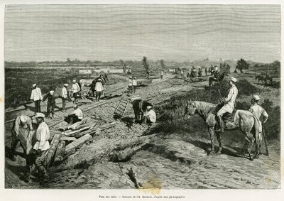 Verlegung der transkaspischen Schienen. Gravur von Ch. Barbant zur Illustration der Geschichte Voyage à Merv, von Edgar Boulanger, in Le Tour du Monde 1887, unter der Leitung von Edouard Charton, Hachette, Paris von Charles Barbant