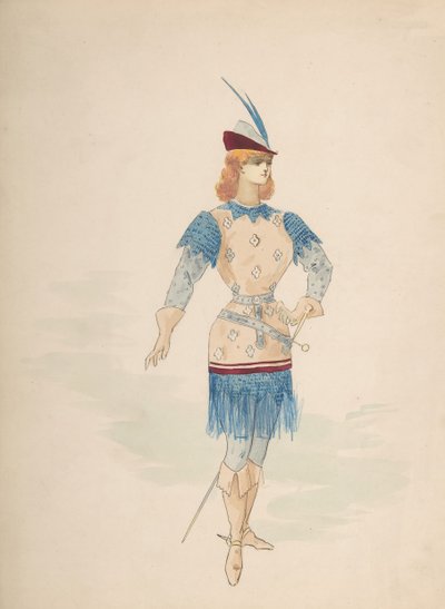 Kostümentwurf für einen Kavalier in Blau und Burgund mit Federhut und Schwert, n.d. von Charles Bianchini