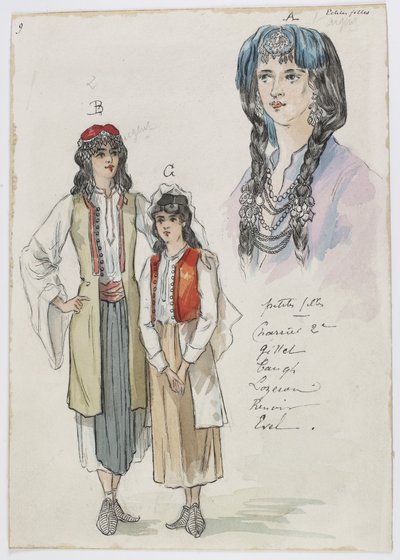Holmès - La montagne noire - Kostümentwürfe von Charles Bianchini - 09. Kleine Mädchen. Mlles Charrier 2e, Gillet, Taugh ?, Lozeran, Renoir, Evel von Charles Bianchini