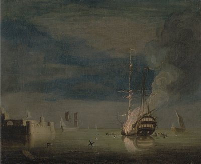 Ein Zweidecker in der Nacht vor einer Festung in Brand von Charles Brooking