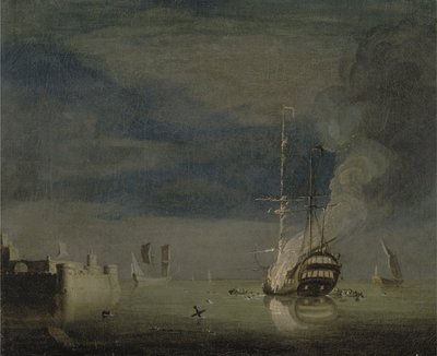Ein Zweidecker in der Nacht vor einer Festung in Brand, ca. 1740 von Charles Brooking