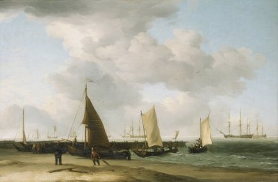 Szene am Ufer, mit einem Kriegsschiff am Horizont von Charles Brooking