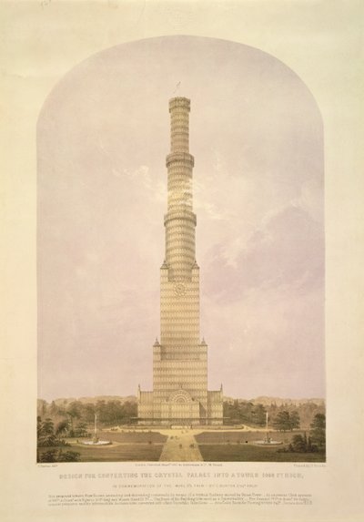 Entwurf zur Umwandlung des Kristallpalastes in einen 1000 Fuß hohen Turm, veröffentlicht von Ackermann und Co., 1852 von Charles Burton