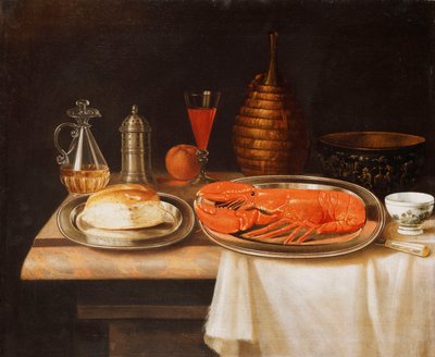 Ein Stillleben mit einem Hummer und Brot auf Tabletts, einer Karaffe Wein und anderen Gegenständen auf einem teilweise drapierten Marmorsims von Charles Collins