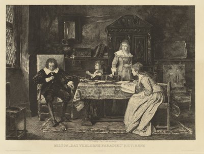 Milton sitzt in einem Lehnstuhl und diktiert einer seiner Töchter sein Paradise Lost von Charles Courtry