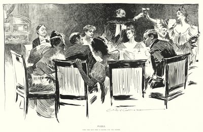 Puzzle, finde den Mann, der für das Abendessen bezahlt (Lithographie) von Charles Dana Gibson