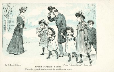 Frau begegnet dem Mann, den sie in der Ehe abgelehnt hat, der schwor, nie zu heiraten von Charles Dana Gibson