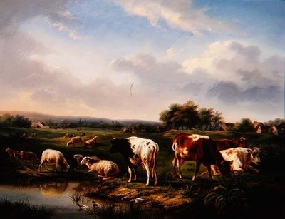 Rinder und Schafe in einer Landschaft von Charles Desan