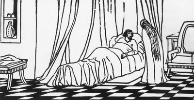 Melisande besucht Golaud, der nach einem Sturz vom Pferd im Bett liegt, Holzschnitt von Charles Doudelet (1861-1938) für Pelleas und Melisande von Maurice Maeterlinck (1862-1949), veröffentlicht von Claudio Argentieri, Spoleto, Italien von Charles Doudelet